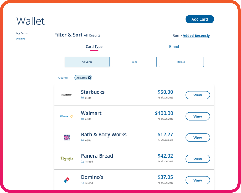 View of the gift card wallet where you access, manage, and use your purchased gift cards
