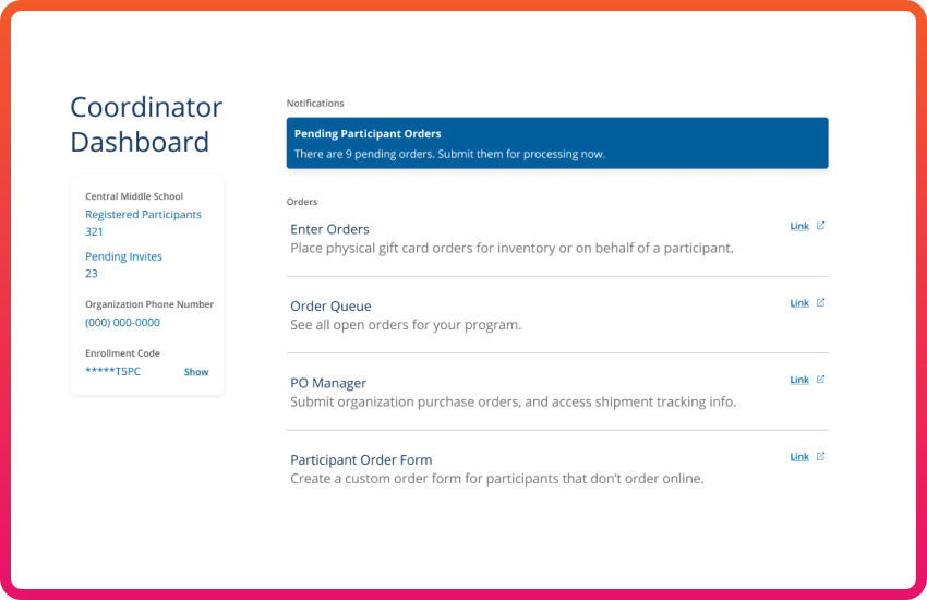 The coordinator dashboard includes clear alerts when there are pending orders from your participants that require action. 